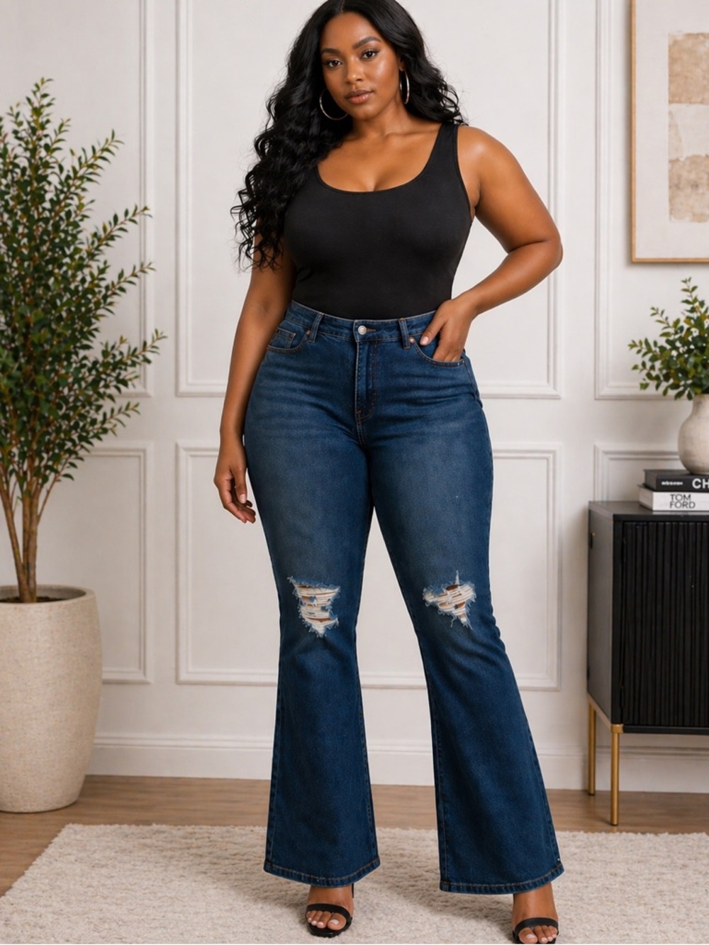 Style & Co. Curvy/Boot Distressed Dark Blue Flare Jeans